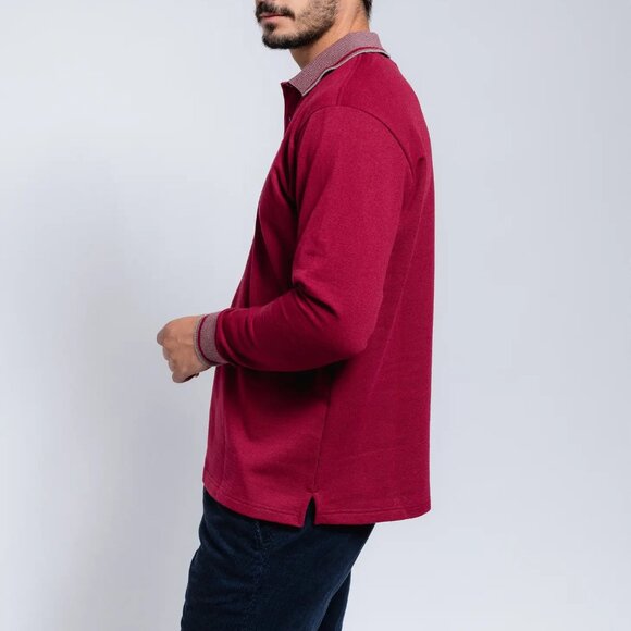 SMF Burgundy Knit Long Sleeve Button Up Knit Polo With Contrast Collar And Cuff - Picture 2 of 2